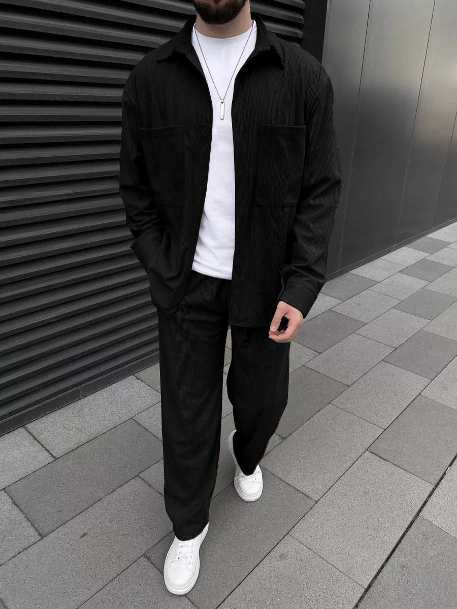Street Fashion Casual - Men's Corduroy Two-Piece Outfit: Long-Sleeved Button-Down