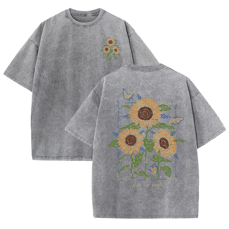sunflower print washed T-shirt - огляд і ціна Street Fashion Shanghai